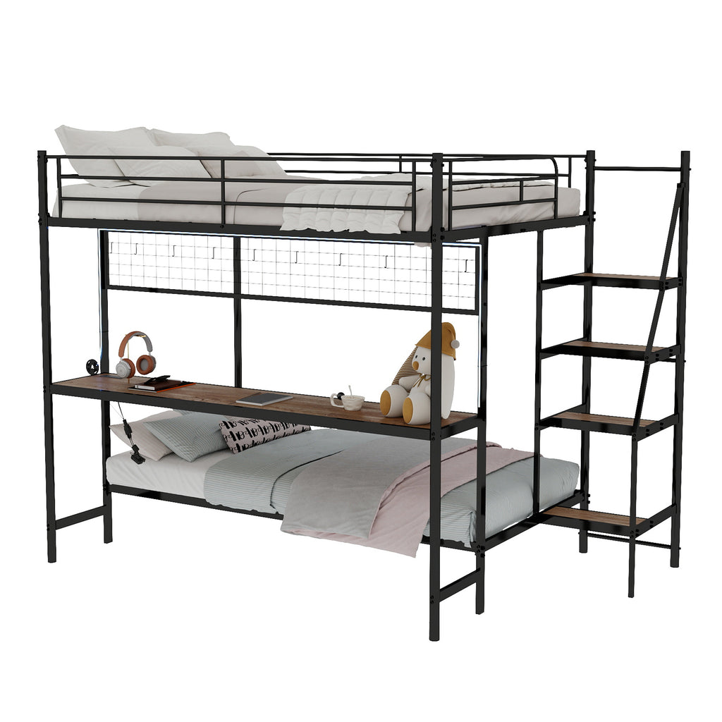 Uiowio Twin Over Full Metal Bunk Bed with Built-In Desk & LED Lighting, Space-Saving Bunk Bed Frame with Stairs & Storage, for Teens & Adults, Black