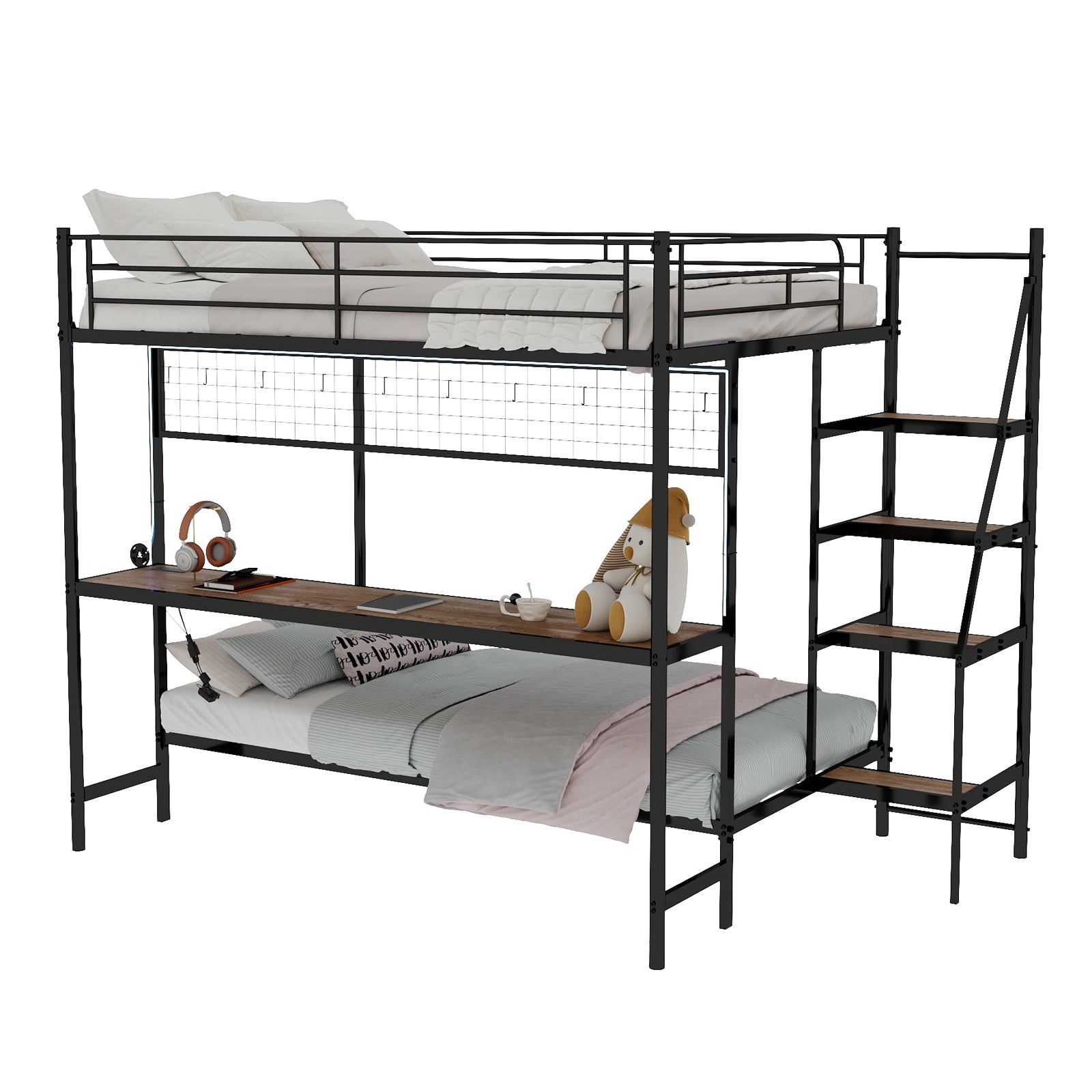 Uiowio Twin Over Full Metal Bunk Bed with Built-In Desk & LED Lighting, Space-Saving Bunk Bed Frame with Stairs & Storage, for Teens & Adults, Black
