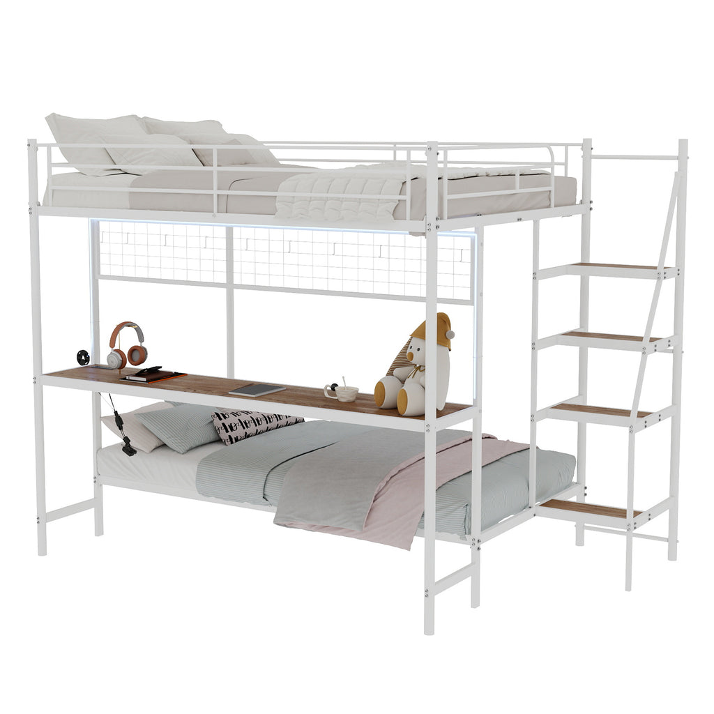 Uiowio Twin Over Full Metal Bunk Bed with Built-In Desk & LED Lighting, Space-Saving Bunk Bed Frame with Stairs & Storage, for Teens & Adults, White