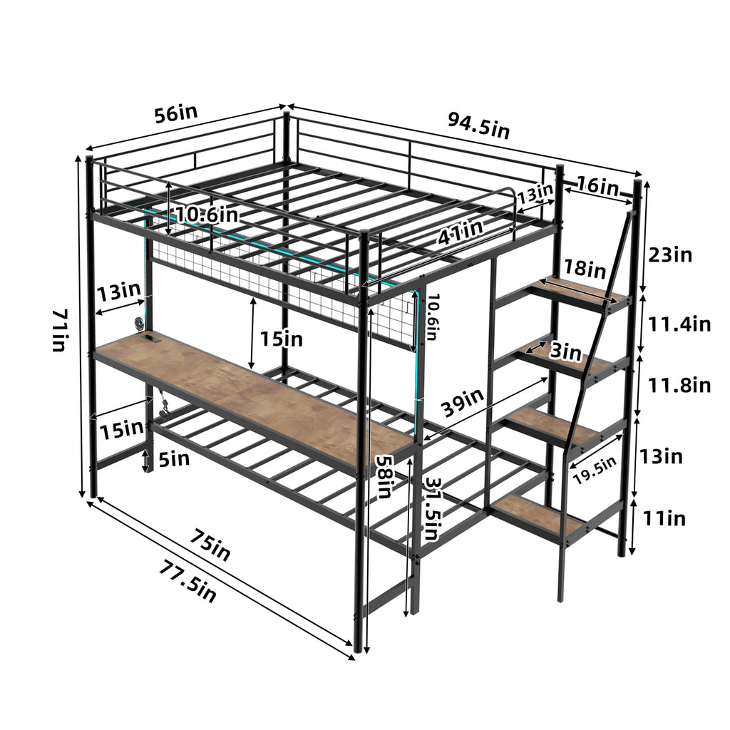Uiowio Twin Over Full Metal Bunk Bed with Built-In Desk & LED Lighting, Space-Saving Bunk Bed Frame with Stairs & Storage, for Teens & Adults, Black