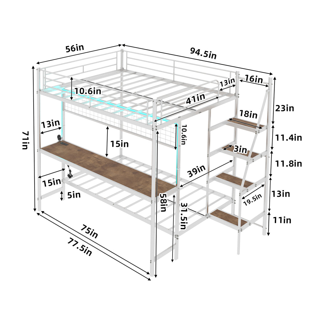 Uiowio Twin Over Full Metal Bunk Bed with Built-In Desk & LED Lighting, Space-Saving Bunk Bed Frame with Stairs & Storage, for Teens & Adults, White